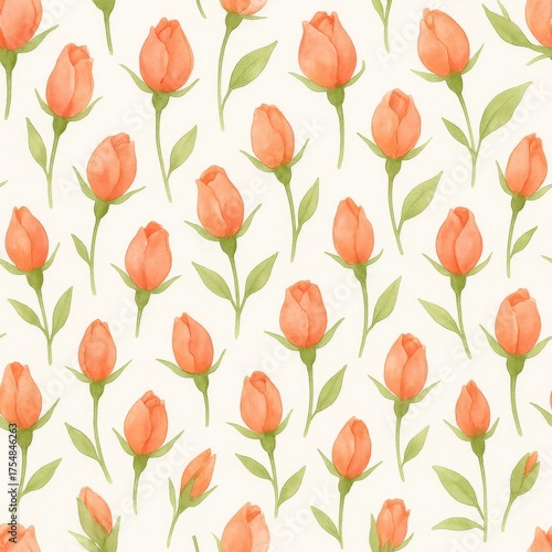 A seamless pattern of delicate orange rosebuds on a creamy backdrop, conveying elegance and grace. The design is perfect for adding a touch of natural beauty to various projects