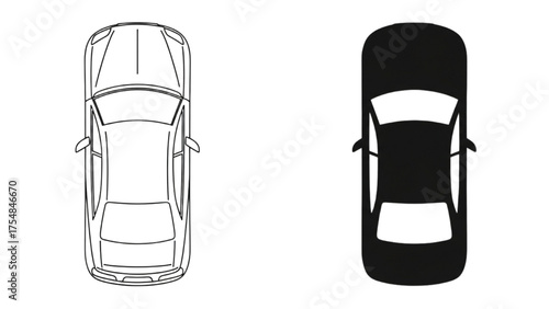 Minimalist graphic top view car icons showcasing outline and solid silhouette illustrations for transportation design