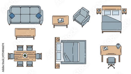 Collection of Top-View Furniture Icons for Interior Design and Home Planning