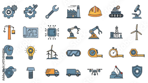 Engineering and Industry Icons Gears, Tools, Technology, and Construction Elements