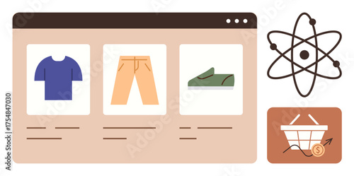 Apparel products displayed in a browser interface, atomic structure, upward shopping basket graph. Ideal for e-commerce, online shopping, growth, technology, retail, innovation simple flat metaphor