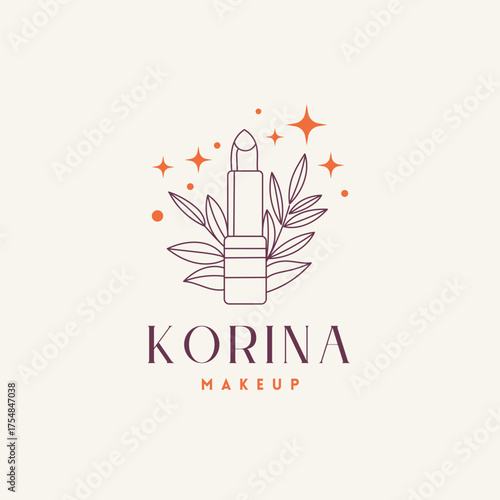 Elegant lipstick logo with botanical accents and sparkling stars, perfect for branding beauty products and cosmetics