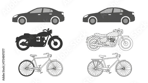 Transportation Collection Automotive, Motorcycle, and Bicycle Illustrations for Design