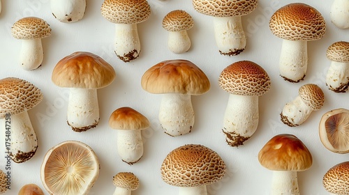 Fresh wild mushrooms arranged in rows on white background, showing variety of sizes and textures. Natural organic food pattern layout for culinary and seasonal harvest.