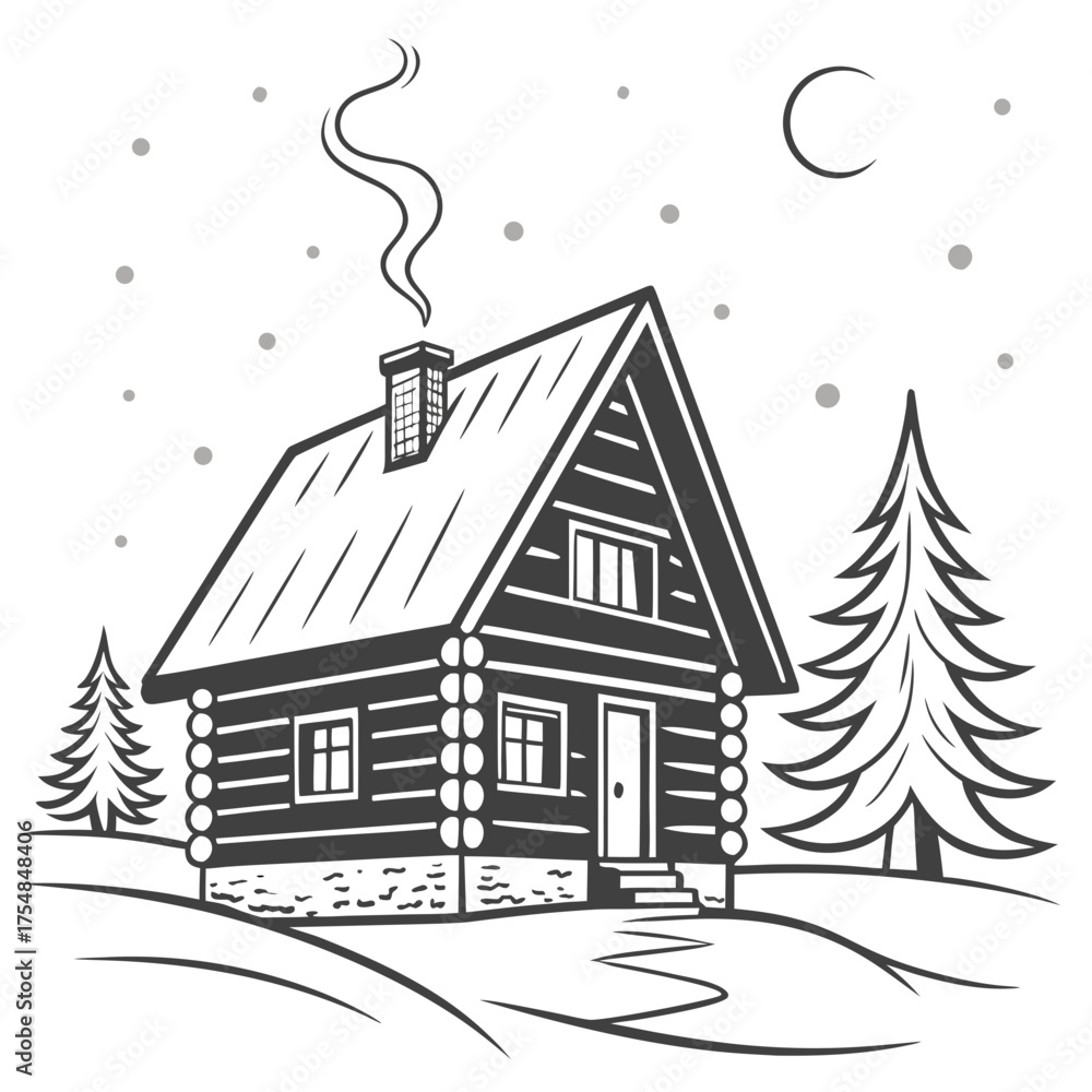 Fototapeta premium Winter cabin in snowy landscape illustration