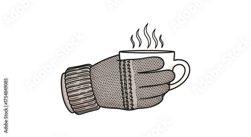 Glove hand holding mug coffee tea warm winter cozy beverage drink relaxation comfort