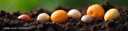 Seeds Nestled in Dark Soil, Ready for Spring Planting ? Close-up Shot of Potential Growth and New Life