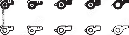 A collection of whistles in a sports icon, a versatile set suitable for representing sports, and team management