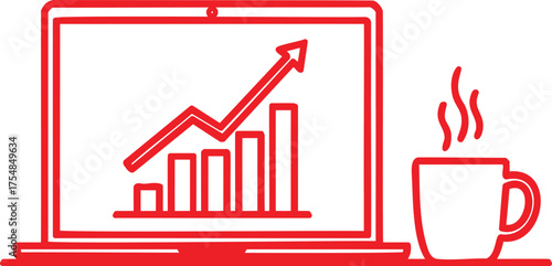 Minimalist digital marketing growth concept laptop with bar graph and steaming coffee mug outline