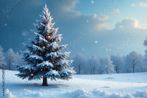 Serene Frosted Christmas Tree in Snowy Winter Landscape Isolated Beauty, Tranquil Scene, Cold Winter Light