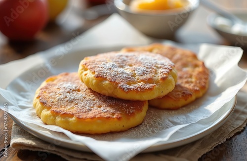 Wallpaper Mural Delicious potato pancakes with powdered sugar on plate. Traditional German quarkkeulchen served with apple sauce for breakfast dessert. Sweet homemade fried fritters made from quark, flour, egg ready Torontodigital.ca