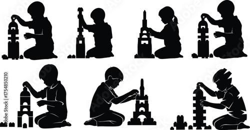 Silhouette children building tower with blocks, creative education, teamwork, imagination, early childhood learning, concentration, development, construction play, creativity, fun, growth