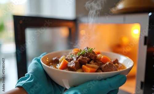 Steaming beef, root vegetable stew in white bowl. Gloved hands remove hot meal from modern microwave oven. Hearty comfort food perfect for quick warm simple dinner at home bringing coziness,