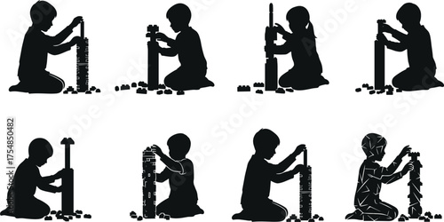 Silhouette children playing with building blocks, creative learning activity, childhood education, teamwork, imagination, early development, growth, concentration, fun, creativity