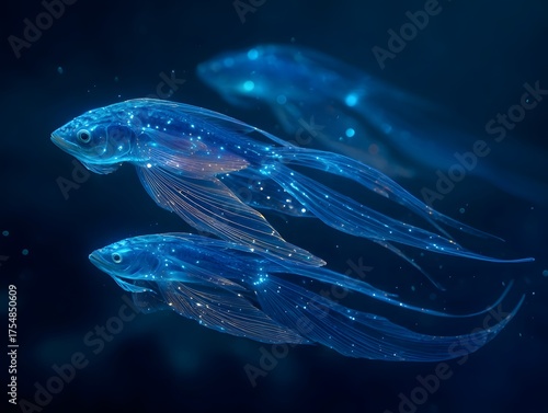 Ethereal bioluminescent fish with glowing patterns swim gracefully through the dark mysterious ocean depths