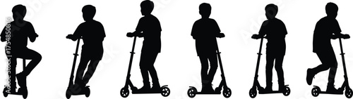 Silhouette of boys riding kick scooters, children outdoor activity, school transport, fun motion poses, healthy lifestyle, urban recreation vector illustration
