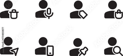 A collection of versatile icon, which contains a person with a trash icon, microphone icon, tag icon, shopping bag icon, pen icon, phone icon, pin icon and magnifying glass icon