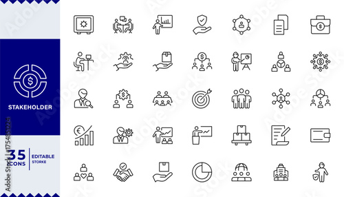 Pixel Perfect, Stakeholder web line icons set. Stakeholder outline icons with editable stroke collection. Includes Project, Growth, Investor, Report, Presentation,