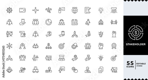 Pixel Perfect, Stakeholder web line icons set. Stakeholder outline icons with editable stroke collection. Includes Project, Growth, Investor, Report, Presentation,
