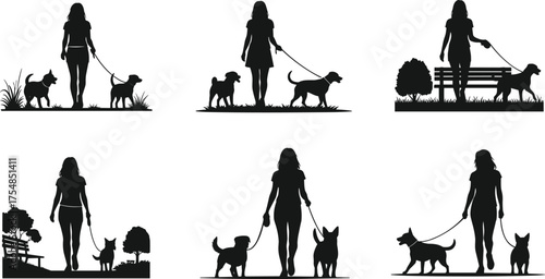 Silhouette of woman walking dogs on leash, outdoor park activity, pet care lifestyle, friendship and exercise concept, vector illustration design
