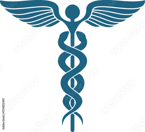Minimalist light blue caduceus symbol on white background.Medical Logo Design with Caduceus Symbol icon design on white backgroud.
