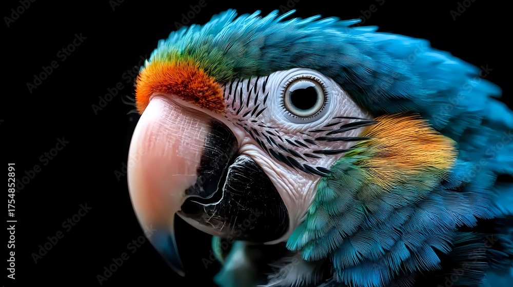 Fototapeta premium Close up portrait of blue and gold macaw parrot head against black background showing detailed feathers, beak texture and eye in dramatic lighting.