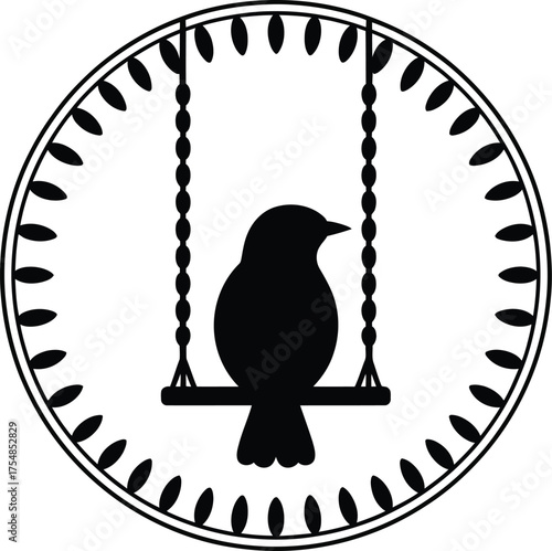 Charming bird in silhouette perched on a whimsical swing drawing