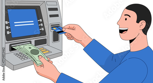 Modern Banking Illustration Happy Person Making Cash Withdrawal from ATM, Essential Financial Service for Personal Funds and Investment Access