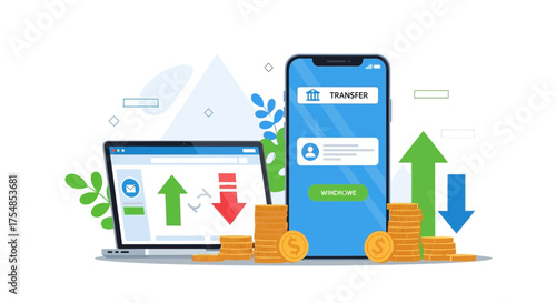 Financial Transactions Laptop and Smartphone Show Money Transfer with Coins and Arrows