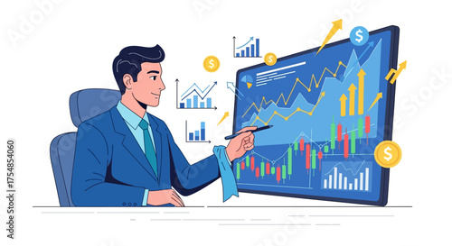 Professional businessman analyzing financial data on a large screen, illustrating a successful investment strategy with growth charts