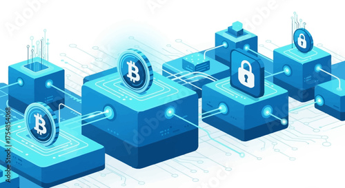 Secure digital investment platform with blockchain technology and cryptocurrency symbols, illustrating financial security and decentralized finance concepts in a modern abstract graphic