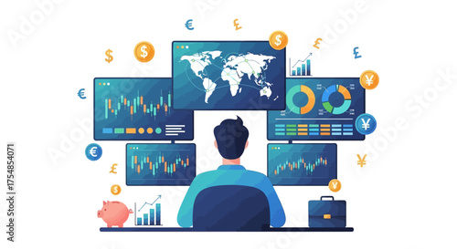 Professional Investor Monitoring Global Financial Markets on Multiple Screens, Analyzing Data and Crafting Investment Strategies for Wealth Growth