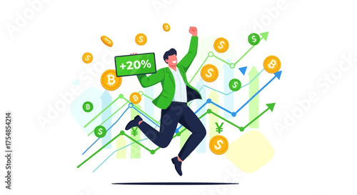 Joyful individual celebrating substantial financial gains and investment returns amidst a backdrop of upward-trending market charts, symbolizing prosperity and economic triumph