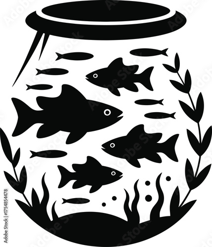 Simple illustration of a fish swimming inside a glass fishbowl silhouette