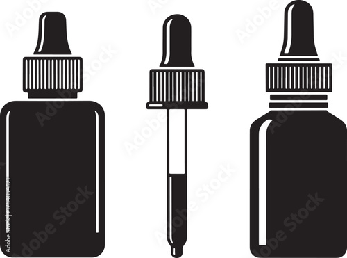 Black and white illustration of three dropper bottles for liquids.