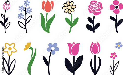 Vibrant collection of colorful flower illustrations for spring designs and botanical projects