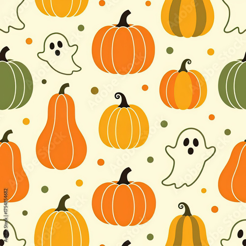 Cute repetitive pattern of pumpkin, tall, squat, and wide shaped, and ghost outlines, burnt orange, mustard yellow, olive green, against a clear cream background.eps