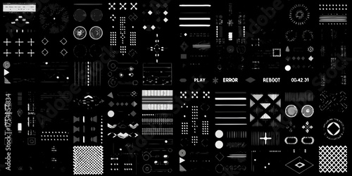 Collection of abstract digital interface elements and icons with a dark background