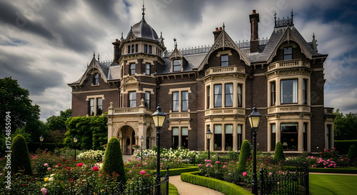 Magnificent victorian gothic mansion with ornate architecture and lush gardens under dramatic sky