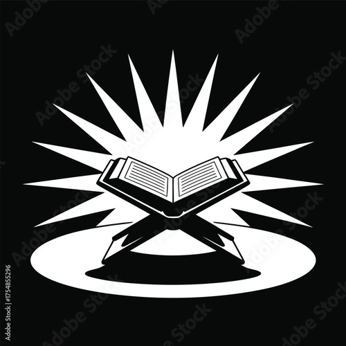 Open holy book with radiant light emanating silhouette