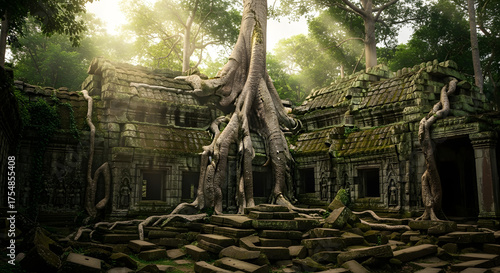 Sunbeams pierce dense jungle canopy illuminating ancient tree roots and overgrown stone ruins