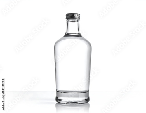 Wallpaper Mural A clear glass bottle stands upright, filled with a transparent liquid, against a bright white backdrop. The bottle's silver cap adds a metallic contrast Torontodigital.ca