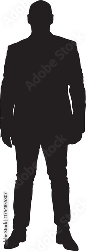 vector,  silhouette of front view of a man standing dressed in shoes an blazer