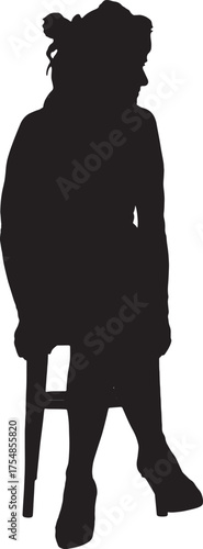 vector,   silhouette of front view of a woman in skirt sitting on a chair looking away
