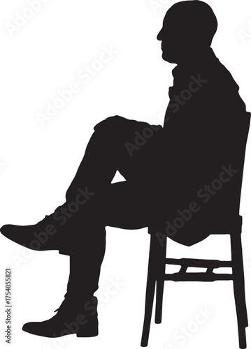 vector,  silhouette of side view of a man sitting on chair, cross legged ,dressed in shoes and blazer