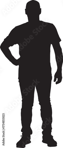 vector, silhouette front view of a bald man standing arm akimbo