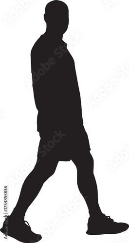 vector, silhouette side view of man walking, dressed in summer clothes looking at camera