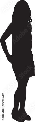 vector, silhouette of front view of a woman standing and looking at camera