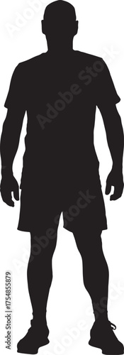 vector, silhouette front view of man standing, dressed in summer clothes looking at camera