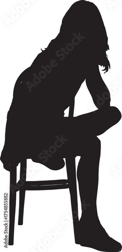 vector, silhouette of side view of a woman sitting on chair cross legged,looking at camera and hand on face